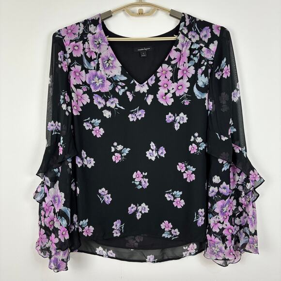 Nanette Lepore Zen Floral Silk Blouse Black Pink Sheer Large Fairy Feminine - Picture 5 of 15